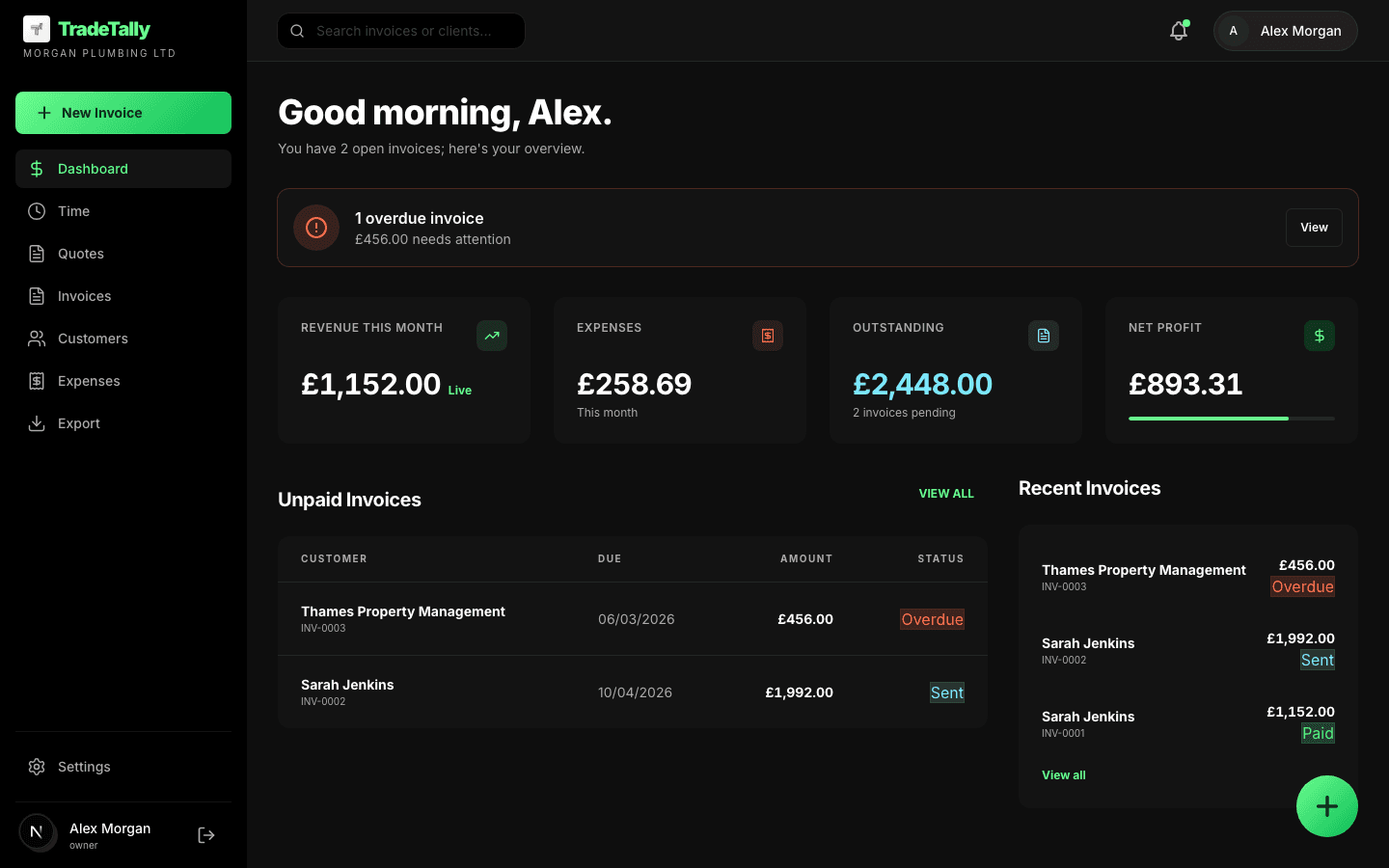 TradeTally app dashboard showing invoices and expenses