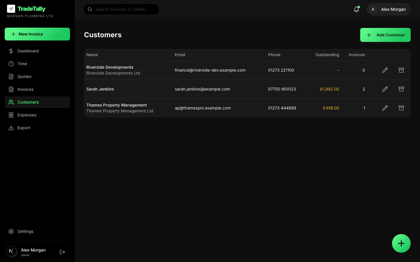 Customer list in TradeTally