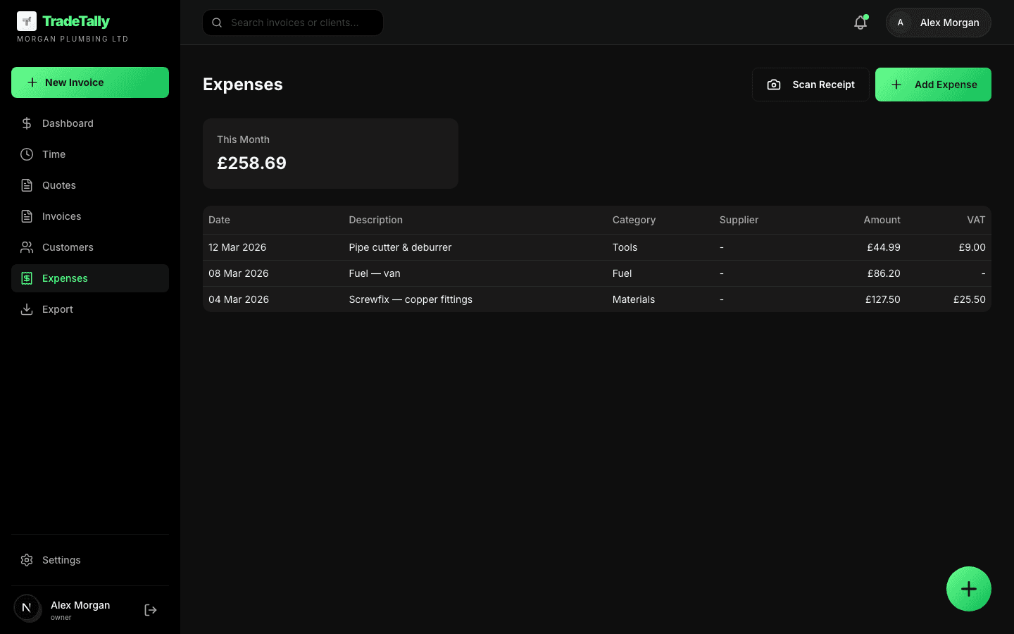 Expense list in TradeTally with categories and amounts