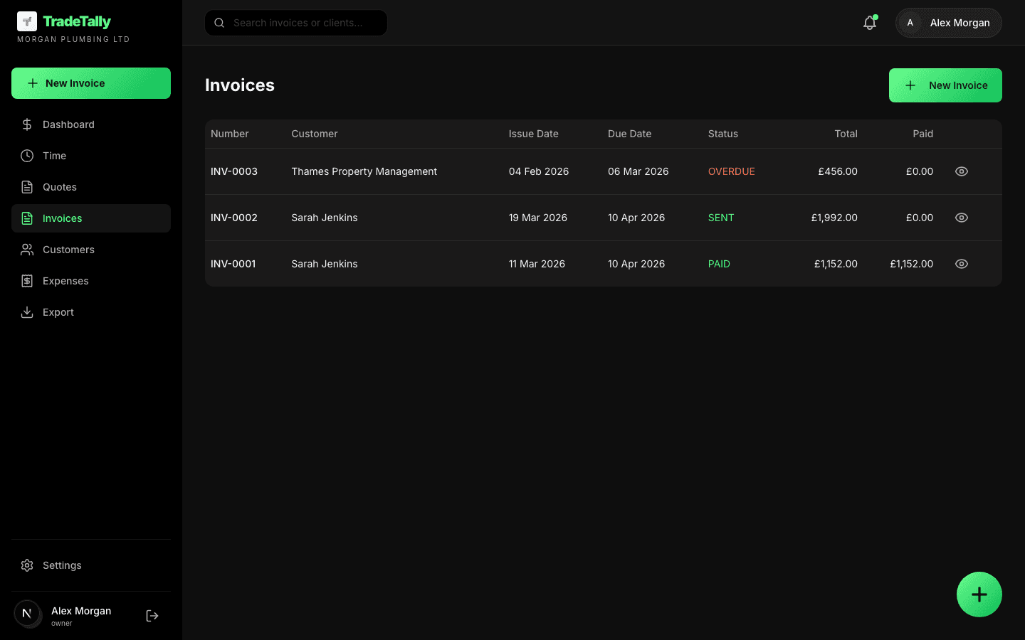Invoice list in TradeTally with numbers, customers, and status
