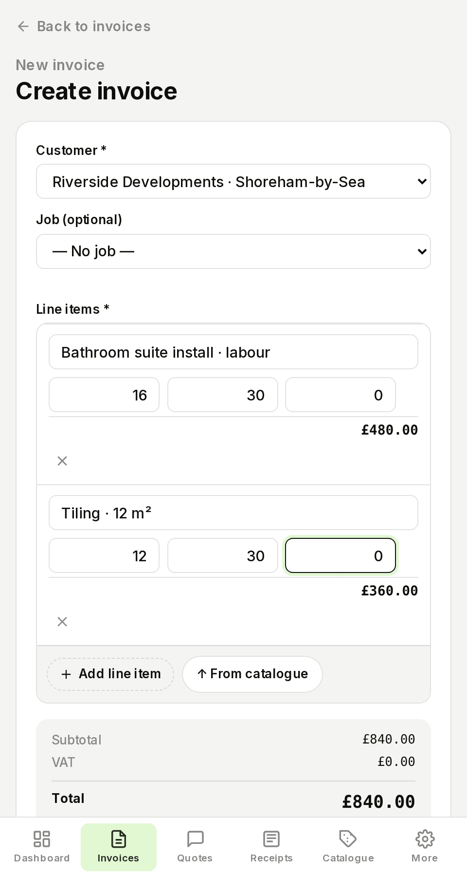 TradeTally invoice form showing a customer, line items and totals on a phone