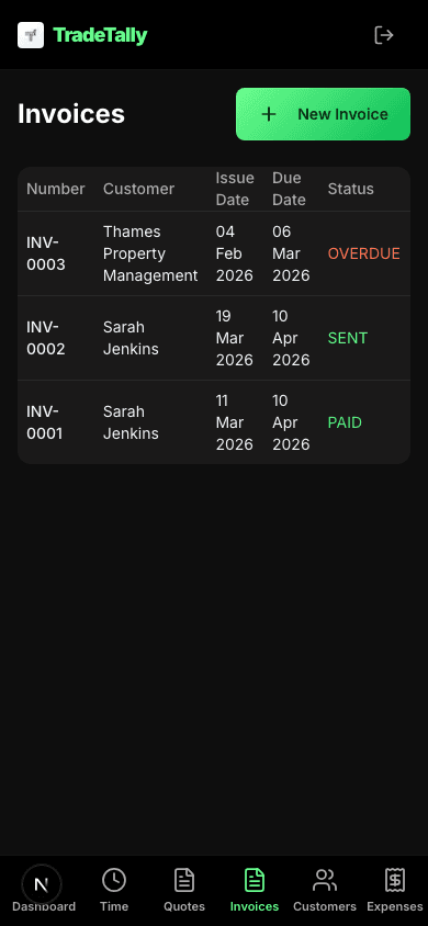 TradeTally invoices on mobile
